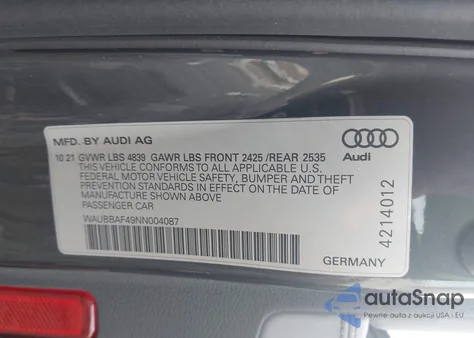 2022 Audi A4 Premium Plus 40 Tfsi Quattro S Tronic z USA, uszkodzony, nr VIN WAUBBAF49NN004087